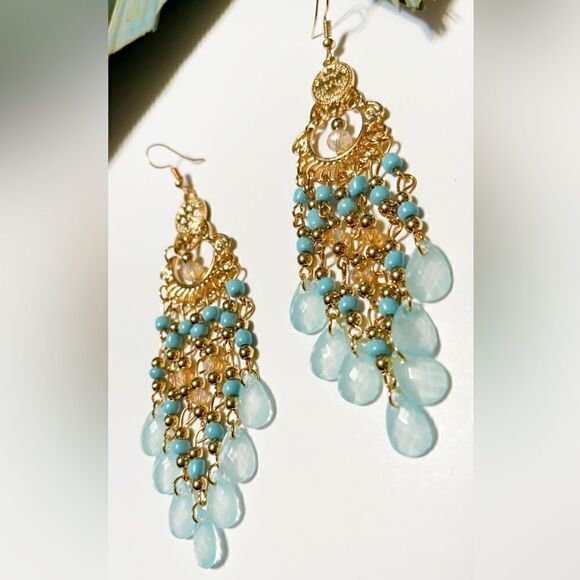 Blue Crystal drop earrings in gold #510 - Picture 4 of 7